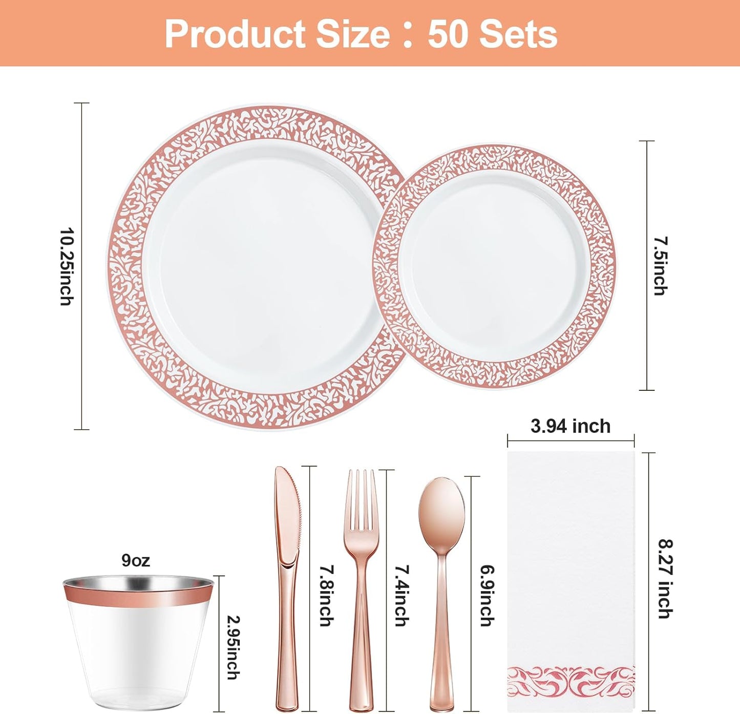 350PCS Rose Gold Plastic Dinnerware Set for 50 Guests, Disposable Plates for Party, Wedding, Include 50 Rose Gold Dinner Plates, 50 Dessert Plates, 50 Set Silverware, 50 Cups, 50 Napkins