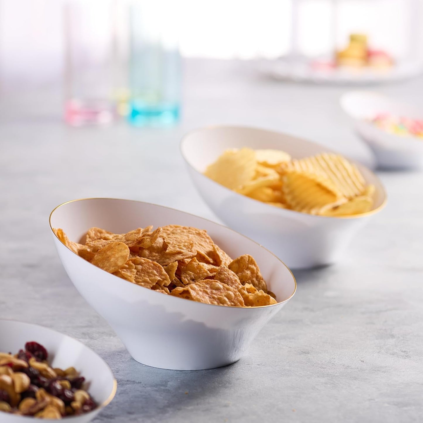 PLASTICPRO Angled Plastic Bowls Disposable Medium Plastic White Serving Bowls with Gold Rim for Party for Appetizer Salads Pack of 4