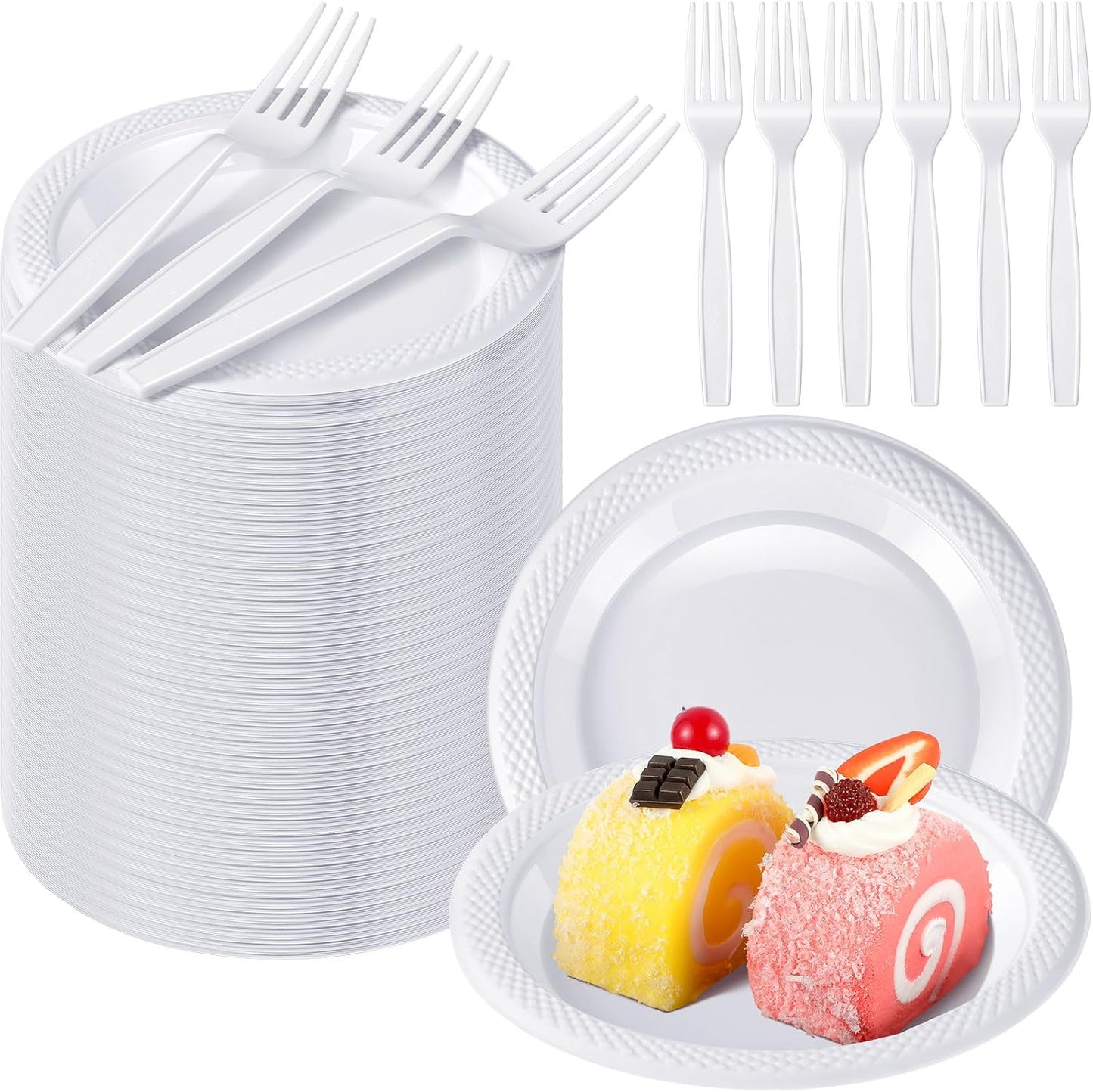 Hushee 600 Pcs 6 Inch Plastic Dessert Plates with Forks for Cake Appetizer, 300 Disposable Plates and 300 Plastic Forks for Wedding Birthday Party Event Bulk (White)