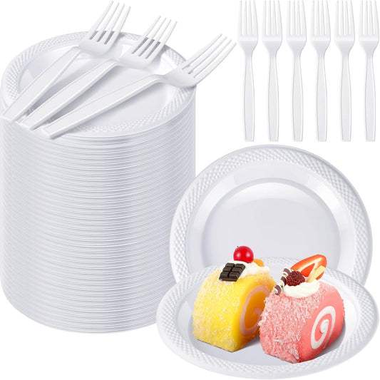 Hushee 600 Pcs 6 Inch Plastic Dessert Plates with Forks for Cake Appetizer, 300 Disposable Plates and 300 Plastic Forks for Wedding Birthday Party Event Bulk (White)
