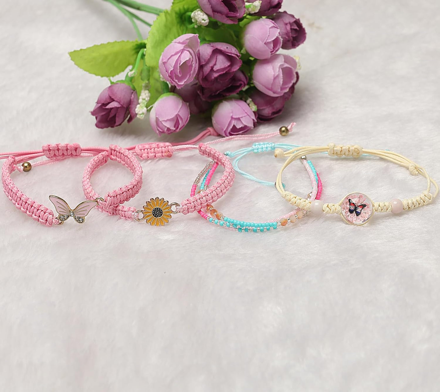 DS 4PCS String beads Charm Bracelets for Teen Girls Dainty cute cartoon Butterfly Daisy Eternal flower Beads Bracelets set for woman and girls Adjustable Stretch bracelet birthday Gift For Friends