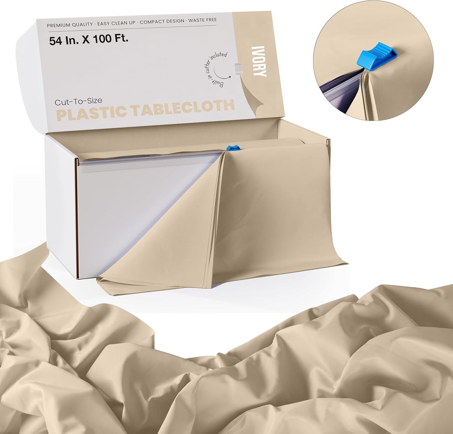 Party Solids 54 Inch X 100 Feet Ivory Plastic Table Cover Roll in A Cut - to - Size Box with Convenient Slide Cutter. Cuts Up to 12 Rectangle 8 Feet Plastic Disposable Tablecloths