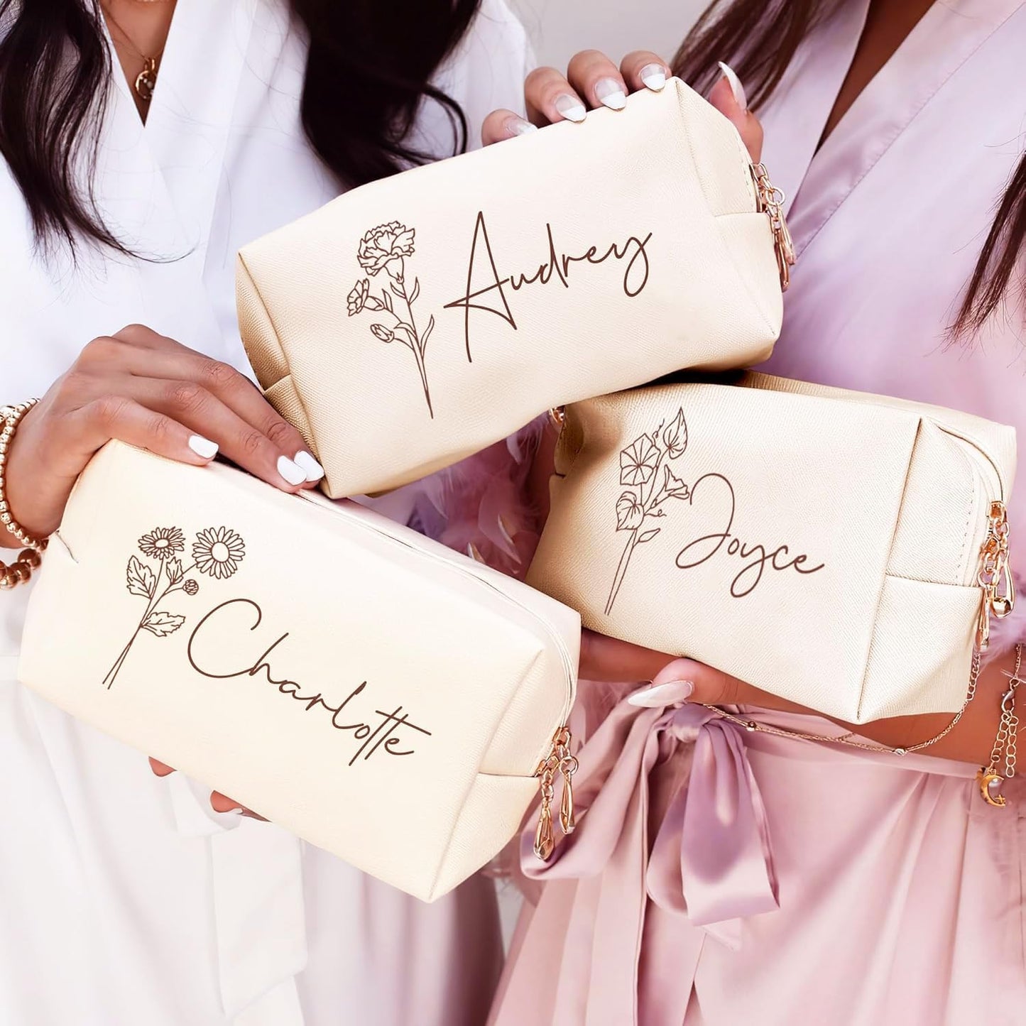 DayOfShe Personalized Name Makeup Bag for Bridesmaid Gifts Bridal Shower Wedding Gifts Custom Toiletry Bag Cosmetic Bag for Best Friend Birthday Gifts