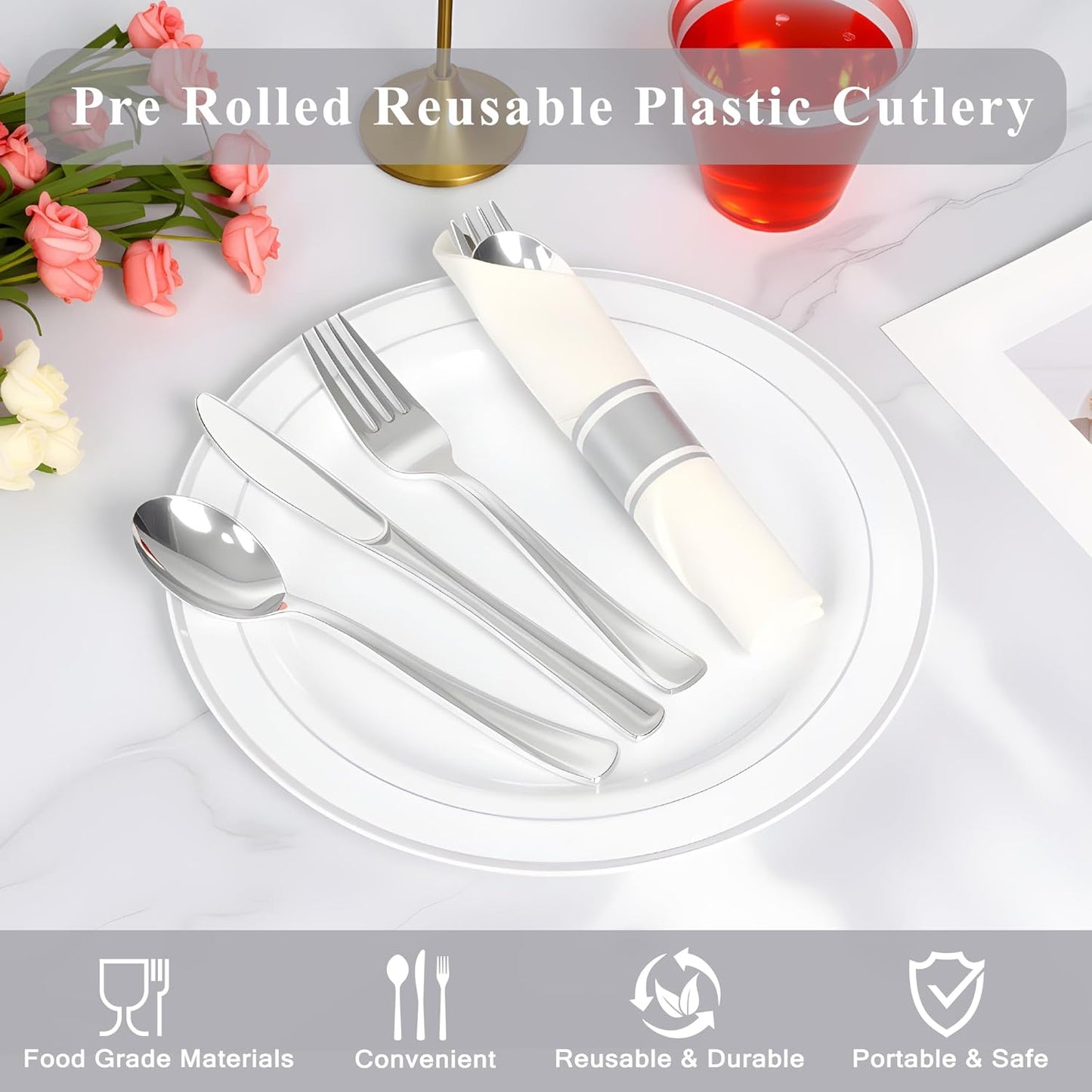 100 Pack Pre Rolled Silver Plastic Silverware Set,Wrapped Plastic Cutlery Set with Napkin Include 100 Forks,100 Spoons,100 Knives and 100 White Napkins for Party, Wedding,showers