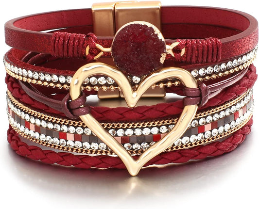 Leather Wrap Bracelet for Women Beaded Cuff Bracelet with Heart-shape Decor Bohemian Crystal Bracelet Jewelry with Clasp Bangle Bracelet for Women Girls Birthday Holiday Gift