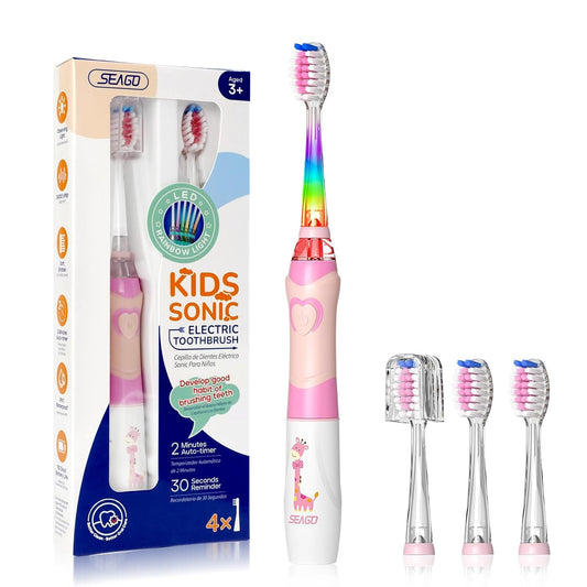 SEAGO Kids Electric Toothbrush with 2 Mins Timer and 4 Replacement Bursh Heads, Rainbow LED Light Make Brushing Fun, Pink Color Girls Battery Powerd for 4-12 Years Old，SG-977