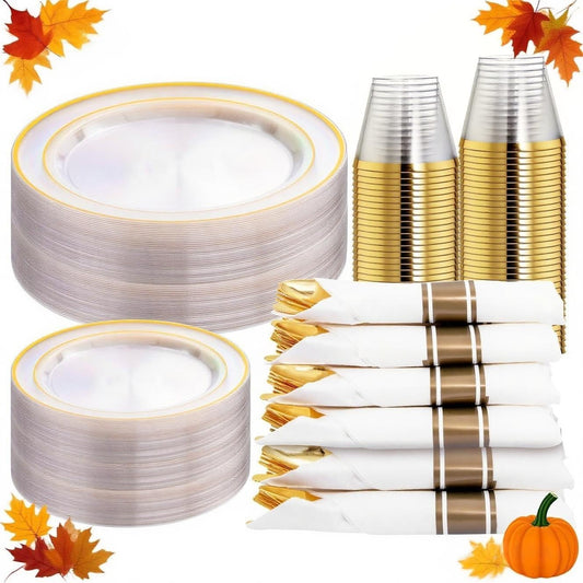 WELLIFE 210PCS Clear-Gold Plastic Plates - Dinnerware Sets for 30 Guests - 60 Disposable Plates, 90 Plastic Silverware, 30 Cups, 30 Napkins for Party