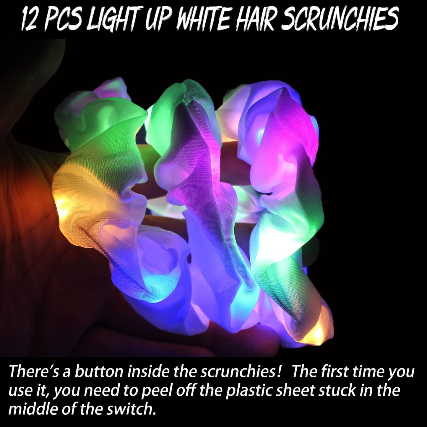 12PCS LED Hair Scrunchies Light Up White Scrunchies,Satin Ponytail Holder Glow in the Dark Hair Accessories Neon Rave Party Supplies