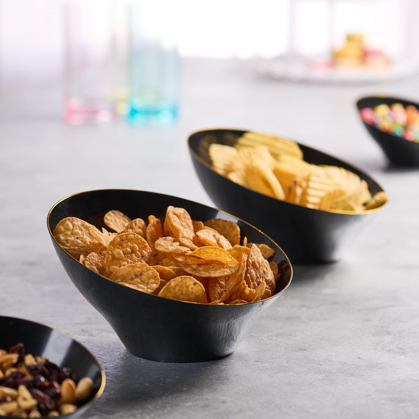 PLASTICPRO Angled Plastic Bowls Disposable Medium Plastic Black Serving Bowls with Gold Rim for Party for Appetizer Salads Pack of 4
