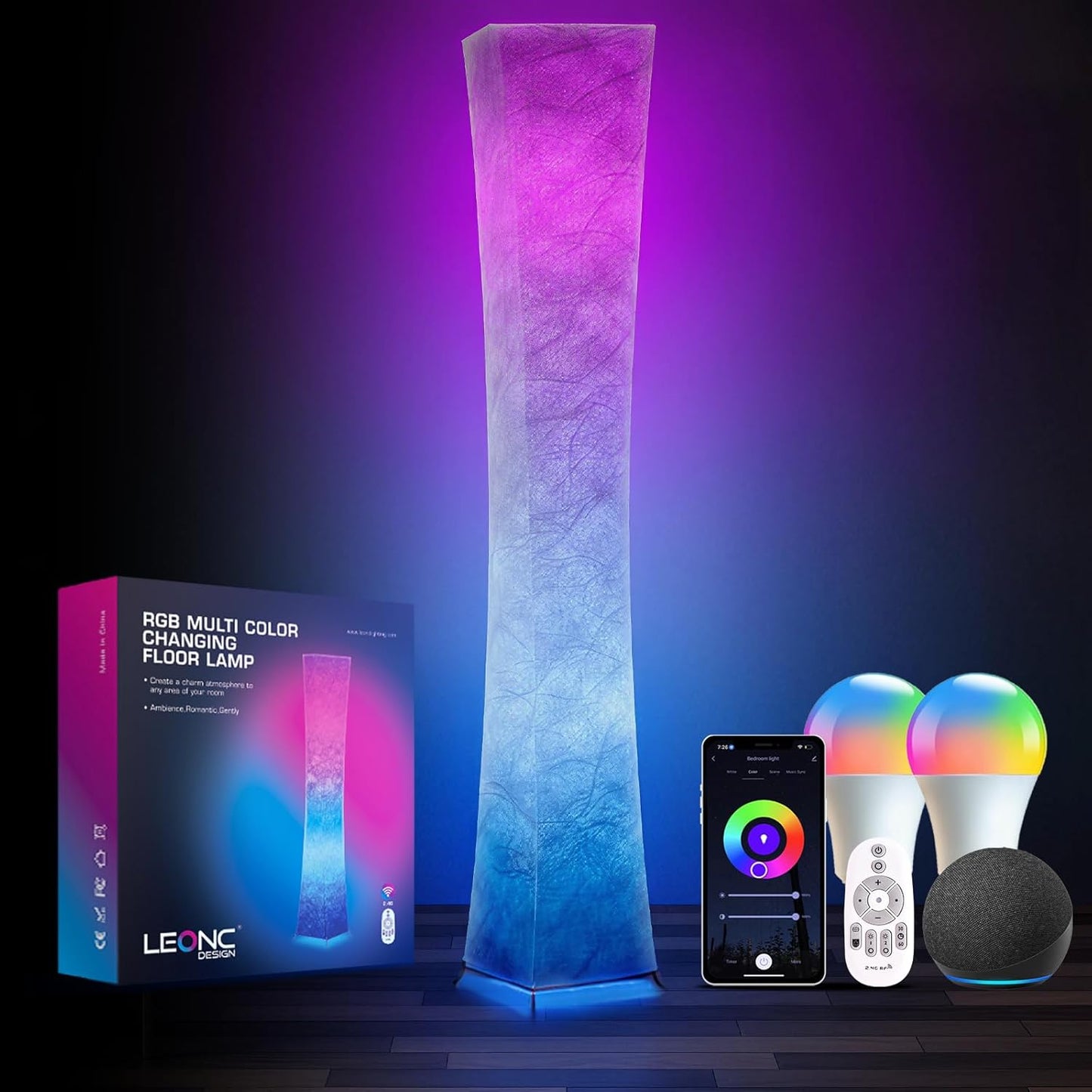 LEONC RGB+CCT Floor Lamp with Remote, 1800lm LED Tuya Smart 9W×2 Bulbs, 65" Smart Modern Floor Lamp with Alexa, Music Sync and 16 Million Colors, Color Changing Standing Lamp for Bedroom Living Room