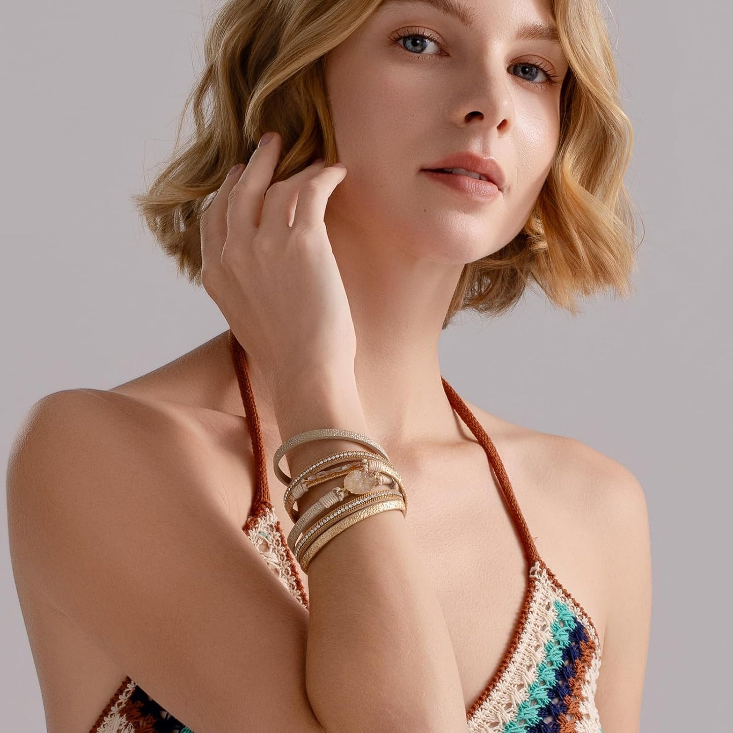 FANCY SHINY Leather Wrap Bracelet Boho Cuff Bangle Bracelets Crystal Bead Bracelet with Magnetic Clasp Jewelry Gifts for Women