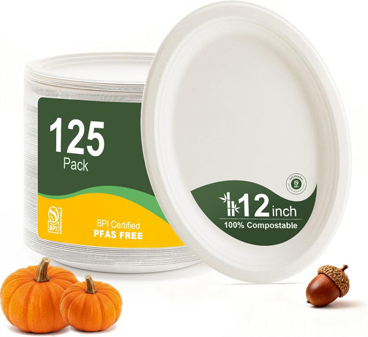100% Compostable Oval Paper Plates 12 Inch, 125-Pack Large Heavy Duty Paper Plates Bulk,Biodegradable Bagasse,Eco-Friendly Disposable Dinner Plate for BBQ,Picnic,Party (BPI Certified,Microwaveable)