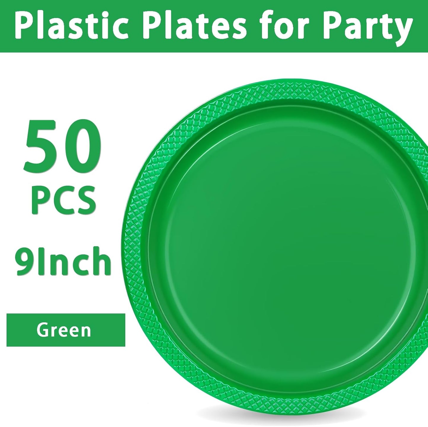 WELLIFE 9 Inch Plastic Plates Green 50 Count Disposable Plate for Party, Dessert Plates for Dinner Christmas Cake Salad Supplies Birthday