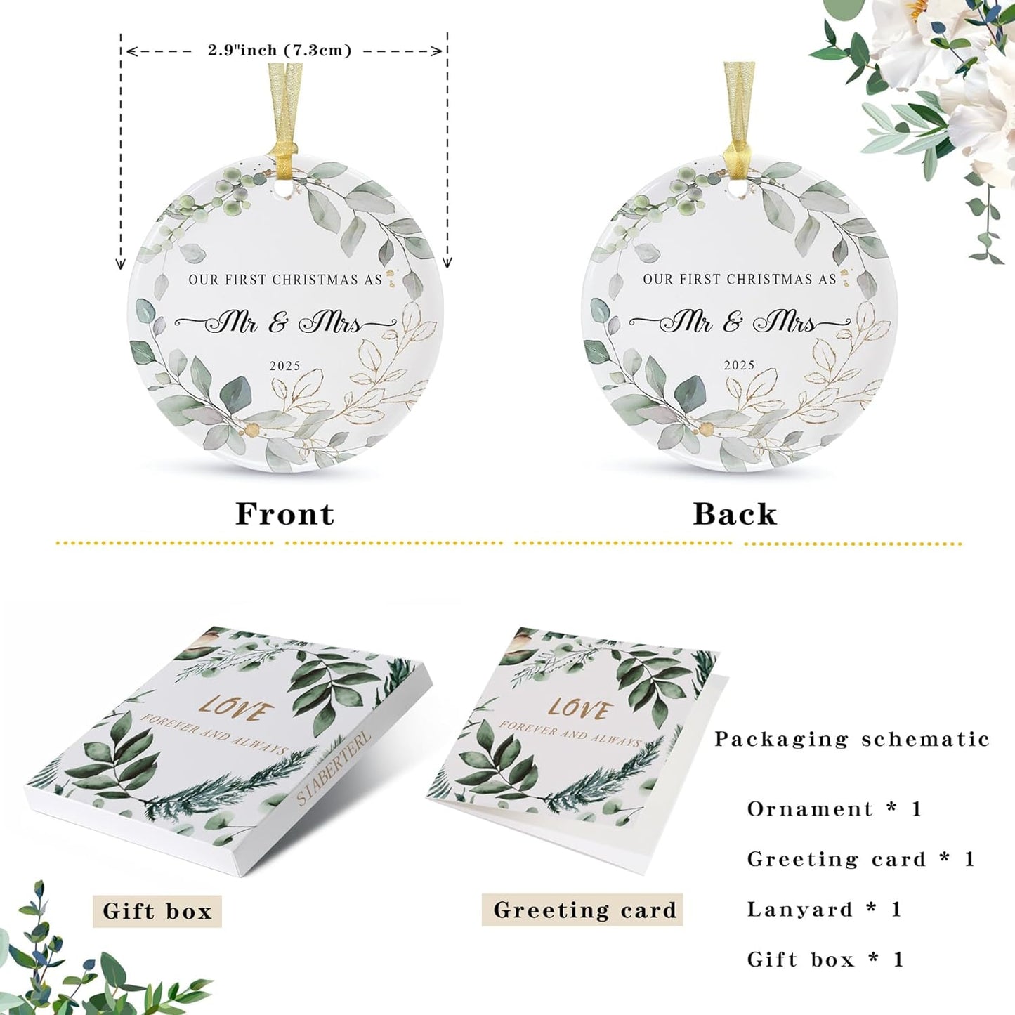 Our First Christmas Married Ornament 2025,Wedding Gifts for Couples Unique Decoration,First Year Newlywed Mr and Mrs Hanging 2.9" Ceramic Round Ornament