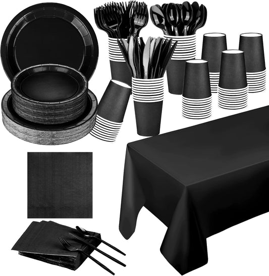 TWOWYHI 229PCS Black Party Supplies Set Paper Disposable Plates Cups Plastic Spoons Forks Knives Black Napkins for 30 Guests Disposable Party Dinnerware Sets for Wedding Birthday Parties