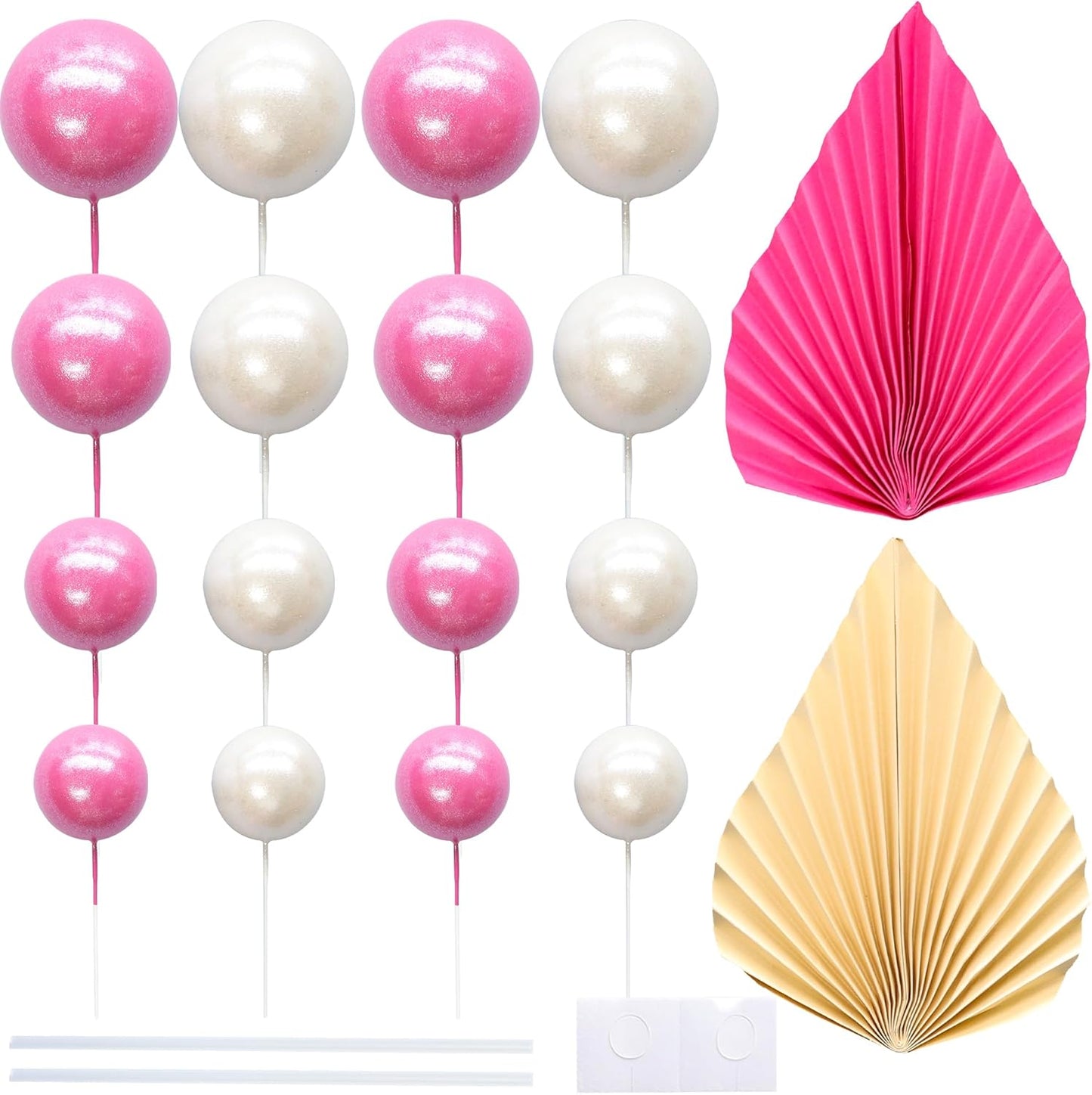 Ephlyn 28Pcs Paper Palm Fan Cake Topper Balls Cake Pick Wedding Bridal Shower DIY Cake Decorations for Baby Shower Wedding Birthday Anniversary Party Supplies White Rose Red