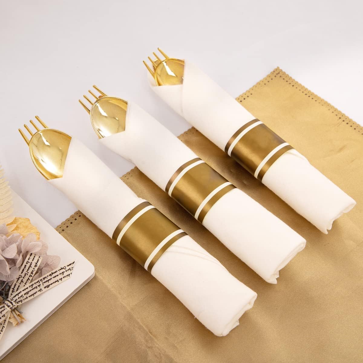 Supernal Pre Rolled Napkin with Gold Plastic Silverware Set of 30pack, Disposable Gold Silverware with Linen Napkin, Heavy Weight, Wrapped Plastic Silverware Suit for Wedding, Catering Event, Party