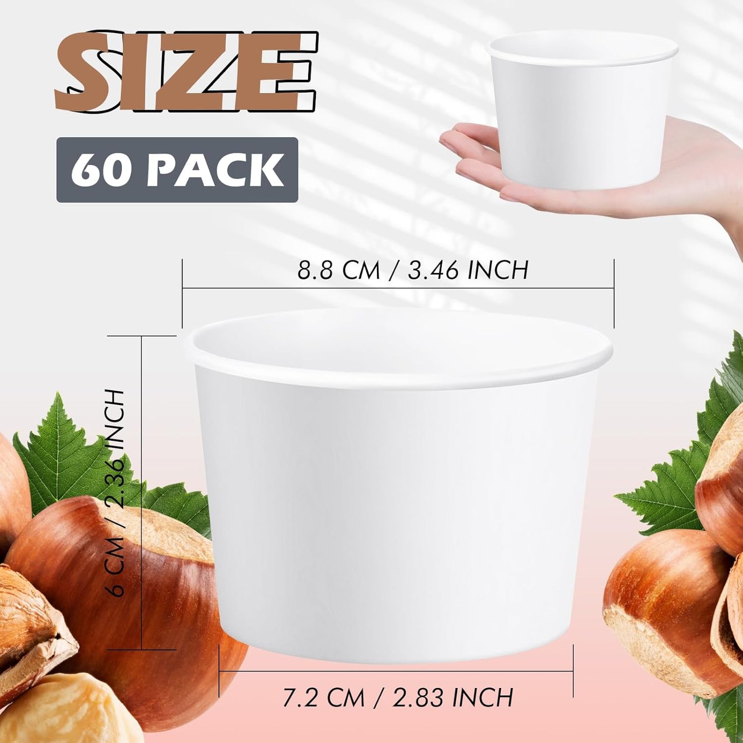 Paper Ice Cream Cups 9oz Colored Disposable Dessert Bowls for Hot or Cold Food Party Cups for Birthday Baby Shower Easter Party Supplies(White,60 Pcs)