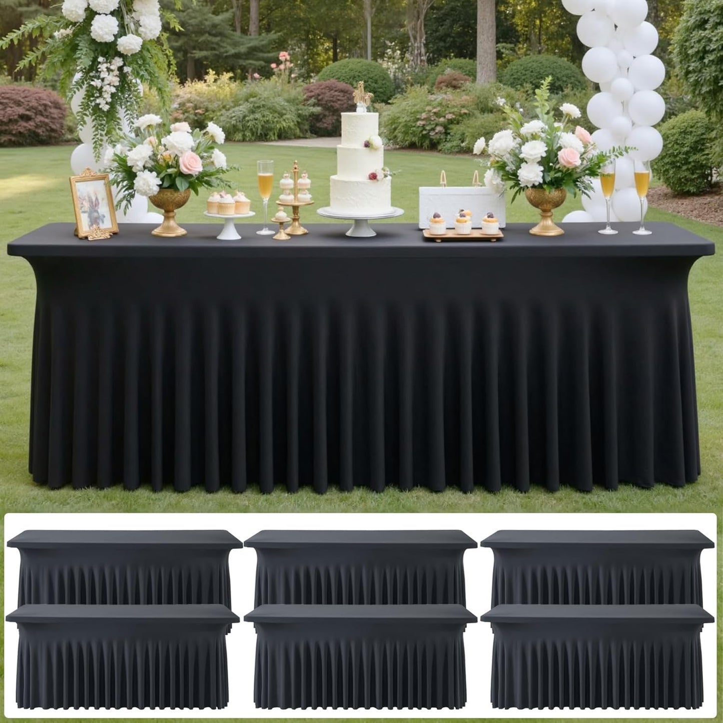 6 pk Black Spandex Tablecloth 6ft with Ruffled Skirt,Wrinkle Free High Stretch Fitted Tablecloths for 6 Foot Rectangle Tables,Pleated Elastic Spandex Table Covers 6ft for Parties Wedding Banquet