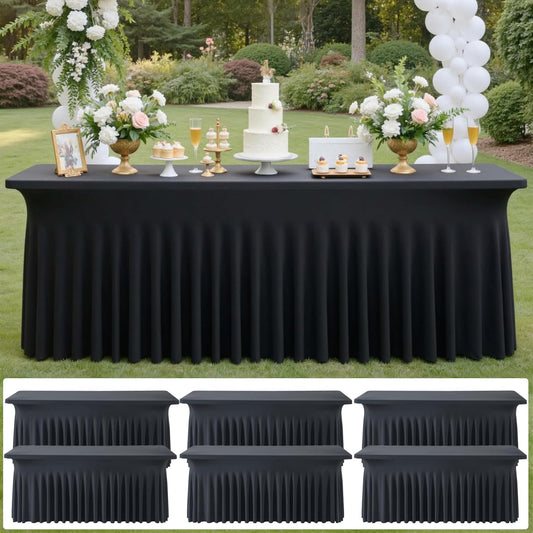 6 pk Black Spandex Tablecloth 6ft with Ruffled Skirt,Wrinkle Free High Stretch Fitted Tablecloths for 6 Foot Rectangle Tables,Pleated Elastic Spandex Table Covers 6ft for Parties Wedding Banquet