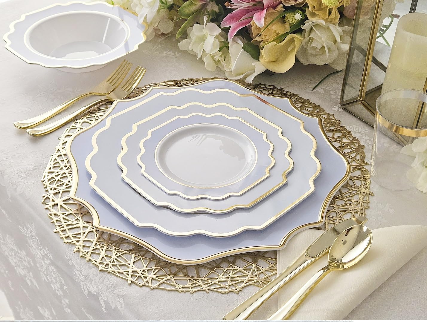 " OCCASIONS " 80 Plates Pack,(40 Guests) Heavyweight Wedding Party Disposable Plastic Plates Set -40 x 10.5'' Dinner + 40 x 8'' Salad/Dessert Plate (Imperial in White/Blue & Gold)