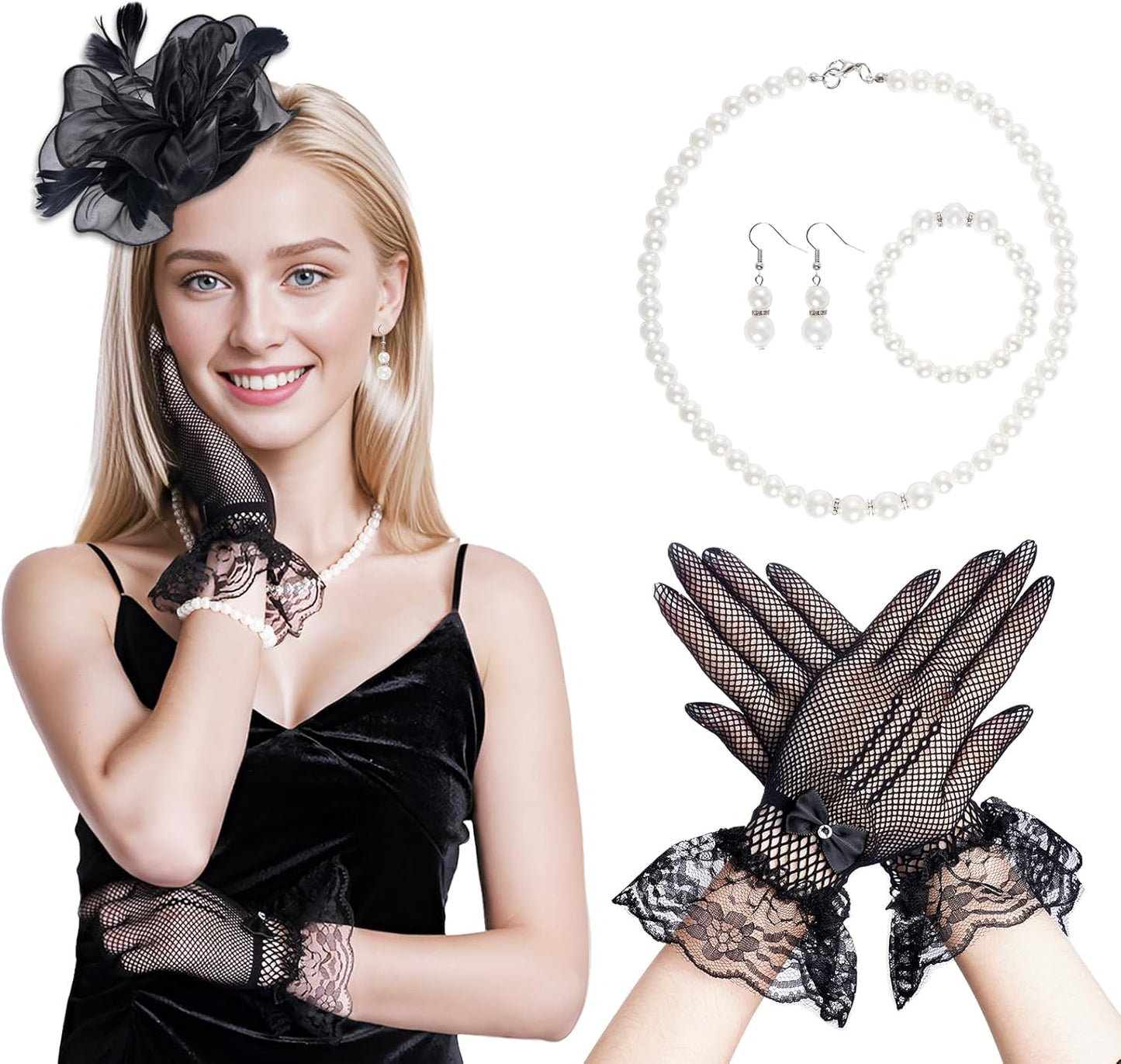 Tea Party Hat Fascinators Headband and Gloves Pearl Set for Women Tea Party Halloween Cocktail Wedding