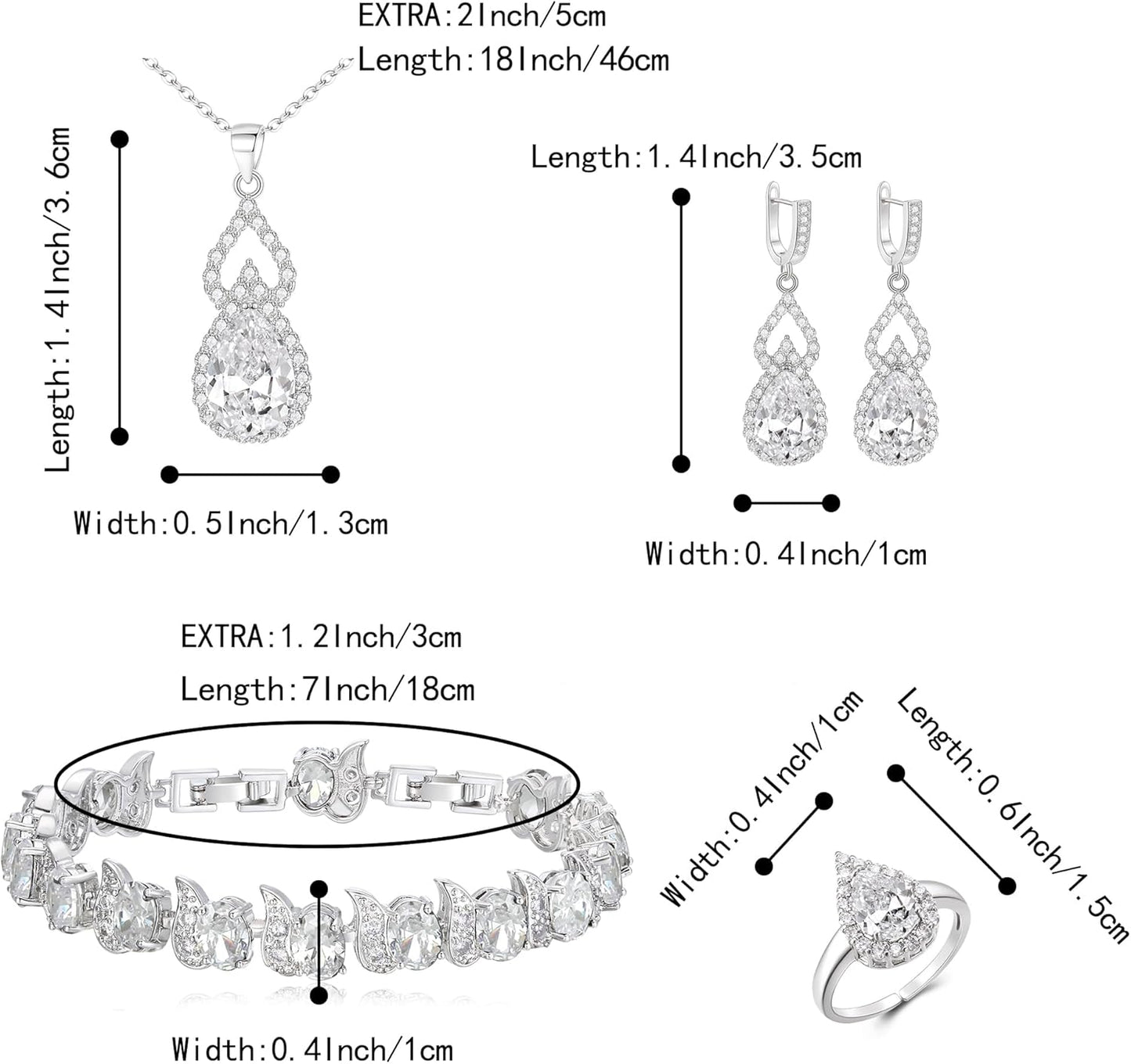 BriLove Wedding Jewelry Set for Women Bride Bridesmaid, Gorgeous Cubic Zirconia Teardrop Necklace Earrings Bracelet Adjustable Ring Jewelry Gift for Birthday/Anniversary/Mother’s Day