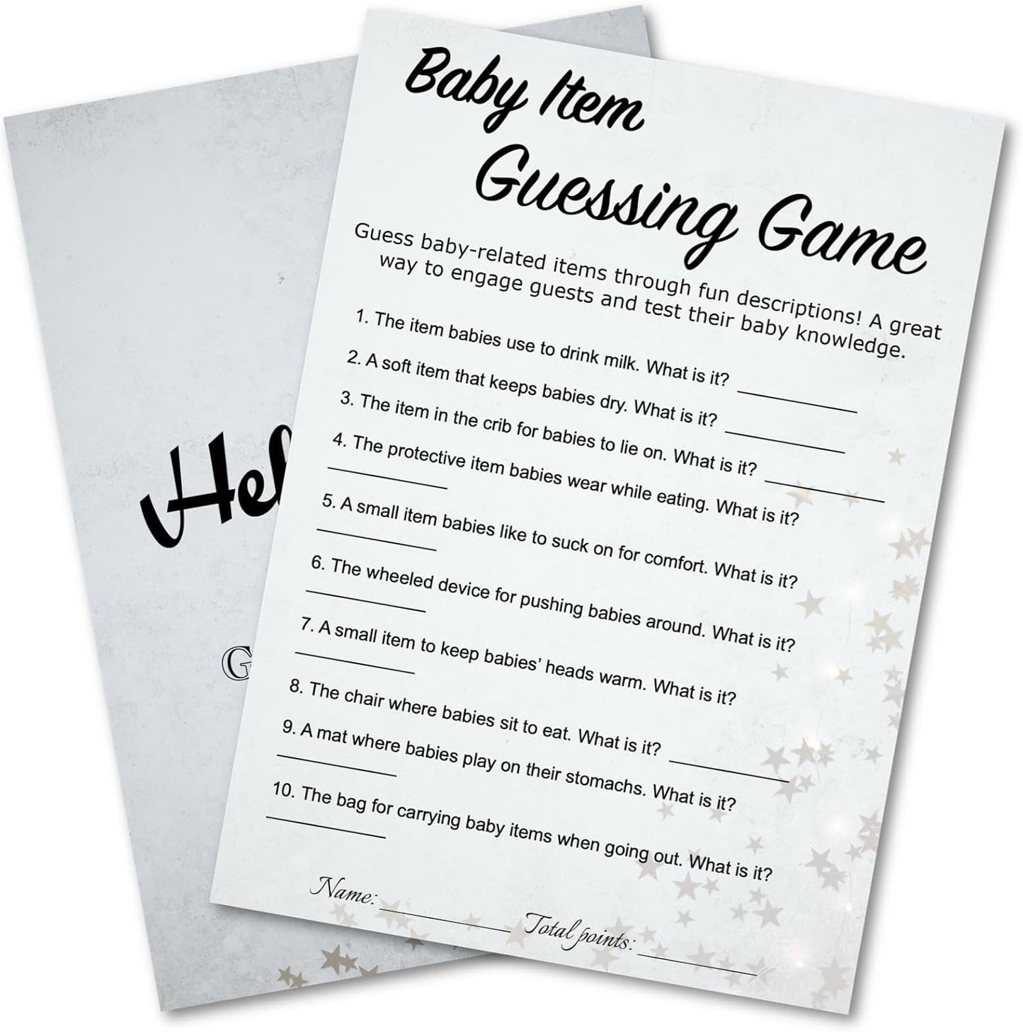 Baby Shower Item Guessing Trivia Game Cards - 30 Players - Light Gray Minimalist Design with Stars, Strips - Ready to Play, Answer Keys Included, 5x7 Inch Family Friend (Items Guessing)