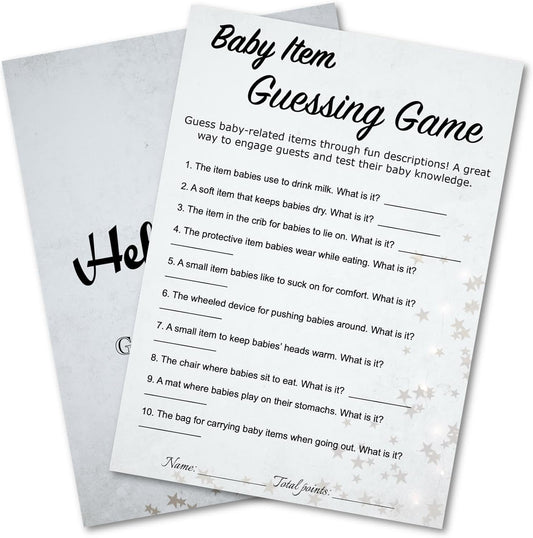 Baby Shower Item Guessing Trivia Game Cards - 30 Players - Light Gray Minimalist Design with Stars, Strips - Ready to Play, Answer Keys Included, 5x7 Inch Family Friend (Items Guessing)