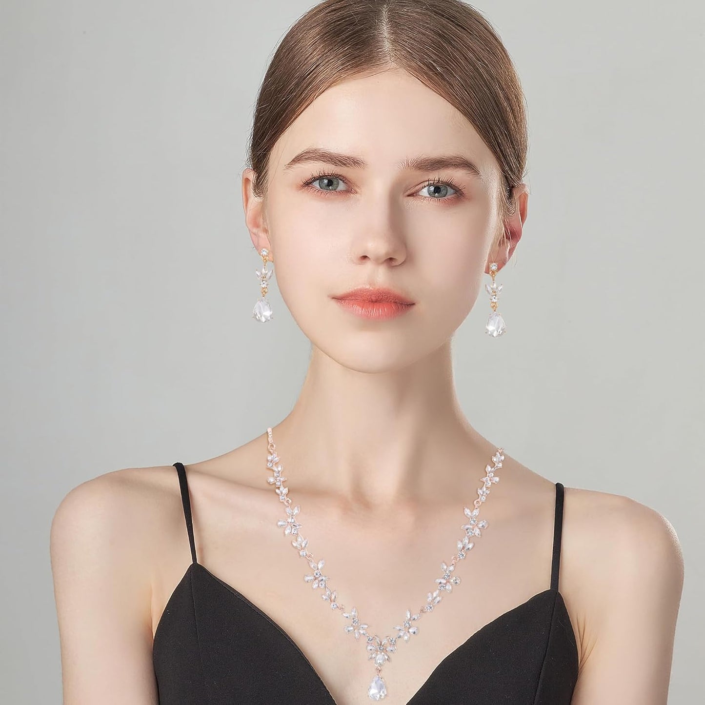 Kamirola Bridal Jewelry Set, Jewelry Set for Women, Necklace Dangle Earrings Bracelet Set, White Gold Plated (TR76)