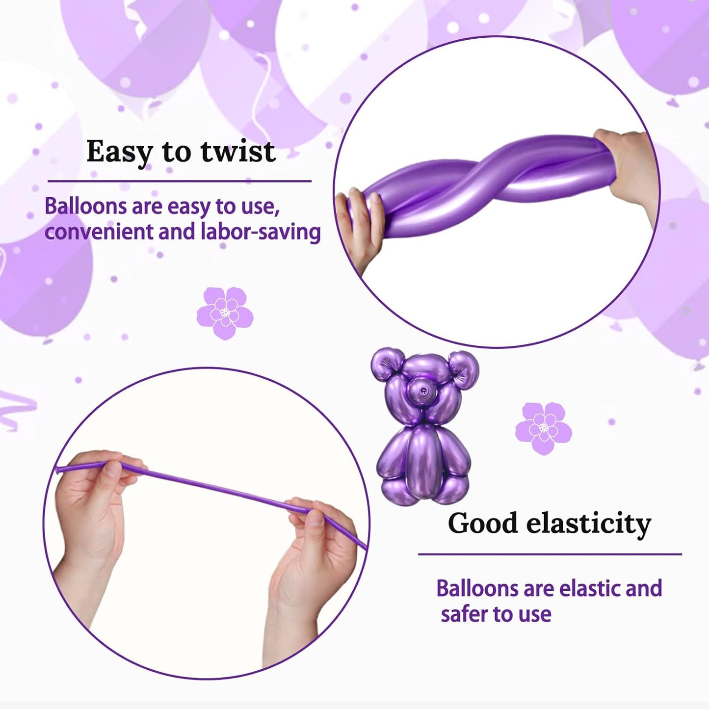 KAWKALSH 260 Metallic Purple Long Balloons for Balloon Garland Thickening Skinny Latex Twisting Animals Modeling Christmas Birthday Wedding Party Festival Decorations 100pcs