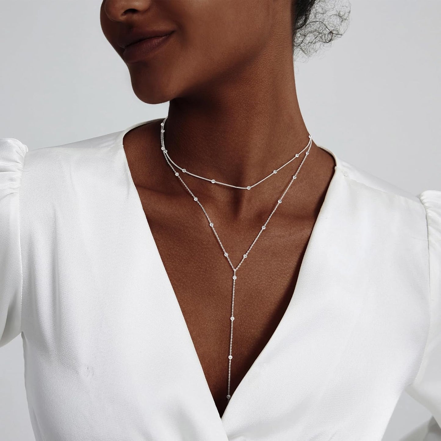 Luxval Lariat Gold Necklace for Women, Dainty Long Necklace 14k Gold Plated/Silver Y-Shaped Pendant Necklaces Trendy Beaded Chain Drop Necklaces Jewelry for Women Gifts