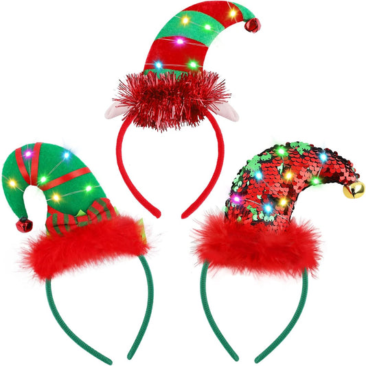 Aneco 3 Pieces Christmas Headbands Christmas Head Boppers with LED Lights Reindeer Antler Santa Elves Headbands, Assorted Styles for Xmas Party, Holiday Favors