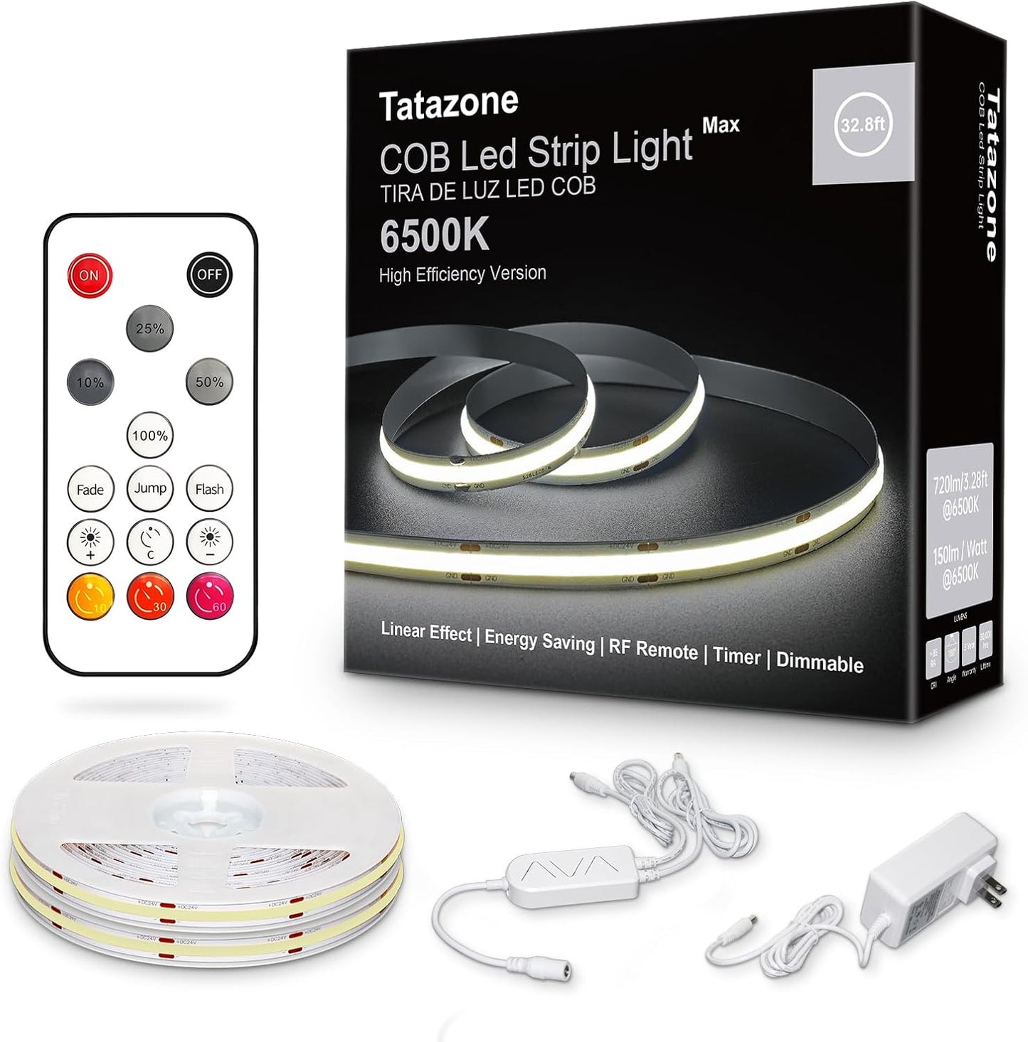 32.8ft 6500K White COB Led Strip Light with RF Remote, Dimmable Ultra Bright Daylight White COB Light Strip, Indoor Led Lights for Kitchen, Bedroom, Cabinet, 2 Rolls of 16.4ft