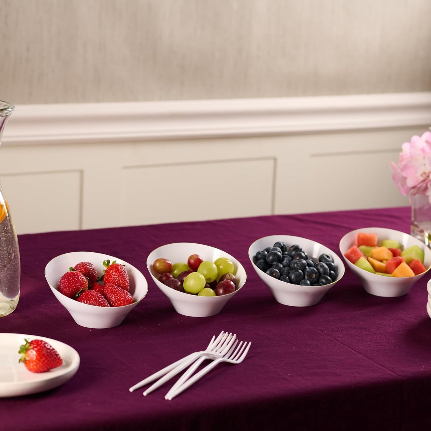 PLASTICPRO Angled Plastic Bowls Disposable Small Plastic White Serving Bowls with Gold Rim for Party for Appetizer Salads Pack of 8