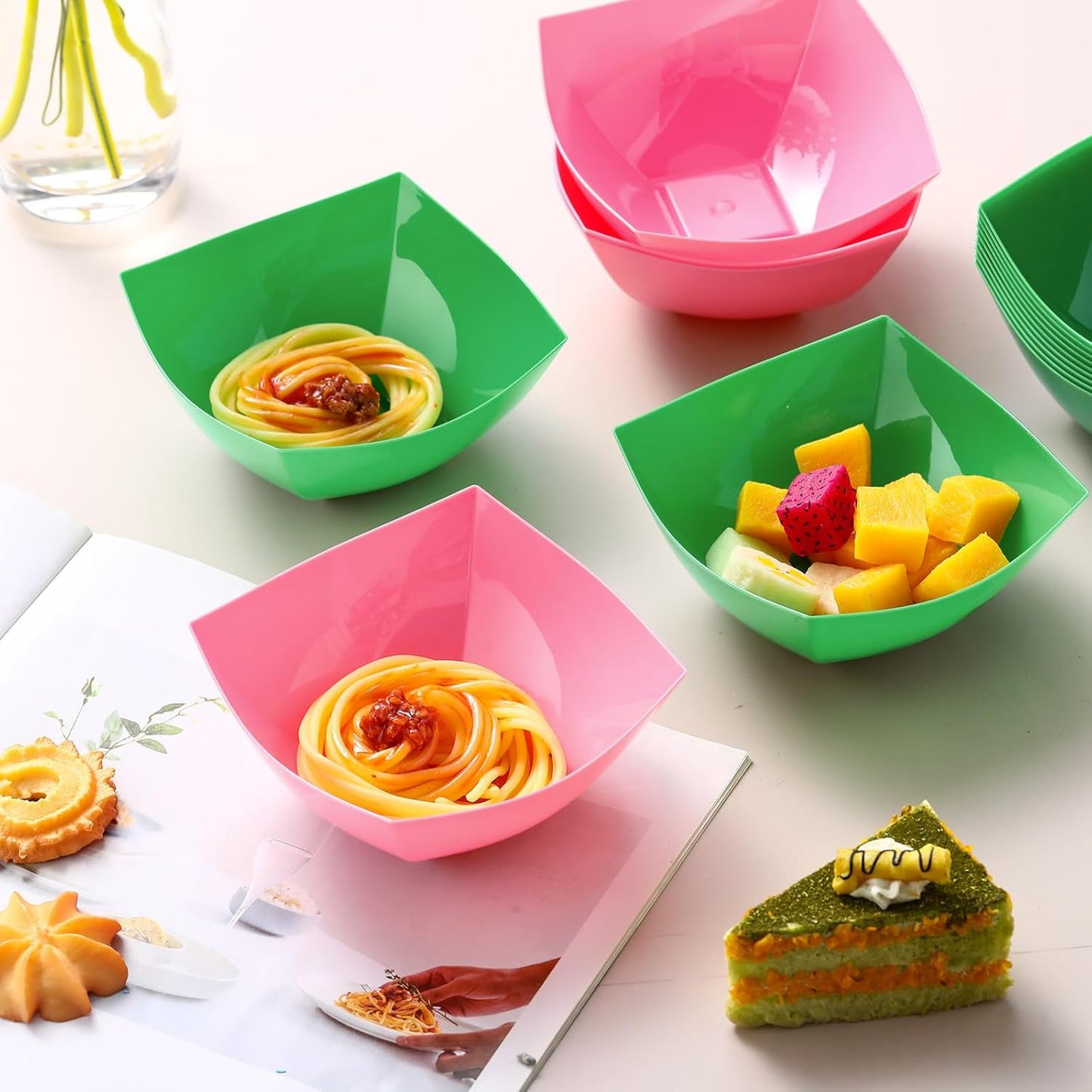 Tanlade 50 Pcs Square Plastic Serving Bowls Disposable Snack Salad Bowl Small Party Candy Bar Containers Taco Bar Serving Dishes for Buffet Chips Fruit (8 oz,Pink,Green)