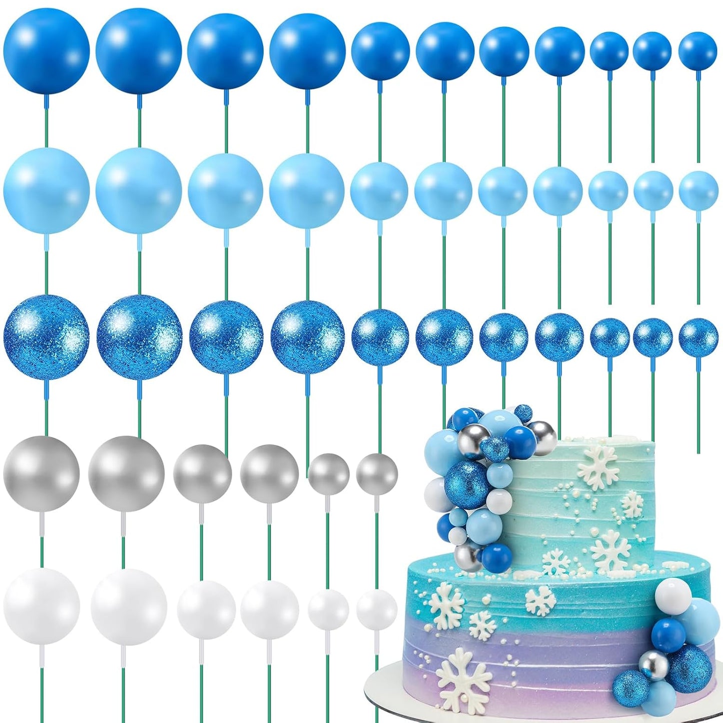 Tondiamo 108 Pcs Balls Cake Topper DIY Cupcake Insert Foam Balloons for Cake Baking Wedding Anniversary Birthday Decoration (Blue White Silver,Multi Sizes)