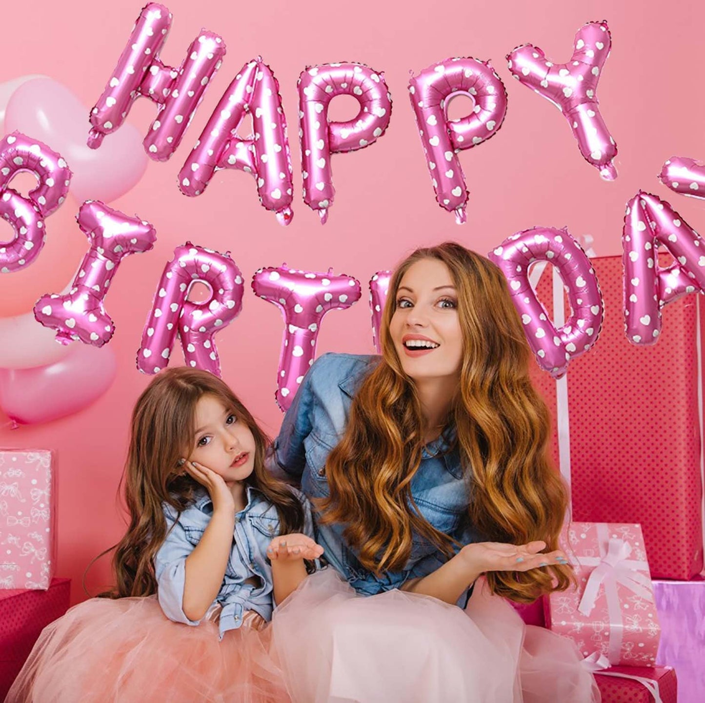 KALOR Pink Happy Birthday Balloons Banner, 16 Inch Mylar Foil Letters Balloon Sign for Women, Men, Boys & Girls Kids Birthday Decorations Photo Backdrop