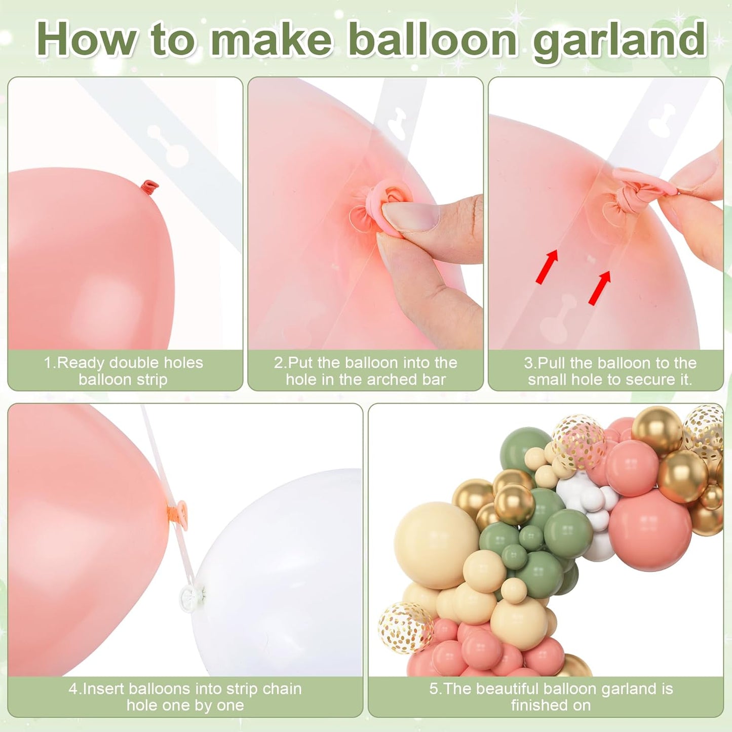 Amandir 153pcs Retro Green Pink Balloon Garland Arch Kit, Different Sizes 18 12 10 5 inch White Dusty Pink Latex Metallic Confetti Balloons for Jungle Safari Birthday Party Baby Shower Decorations