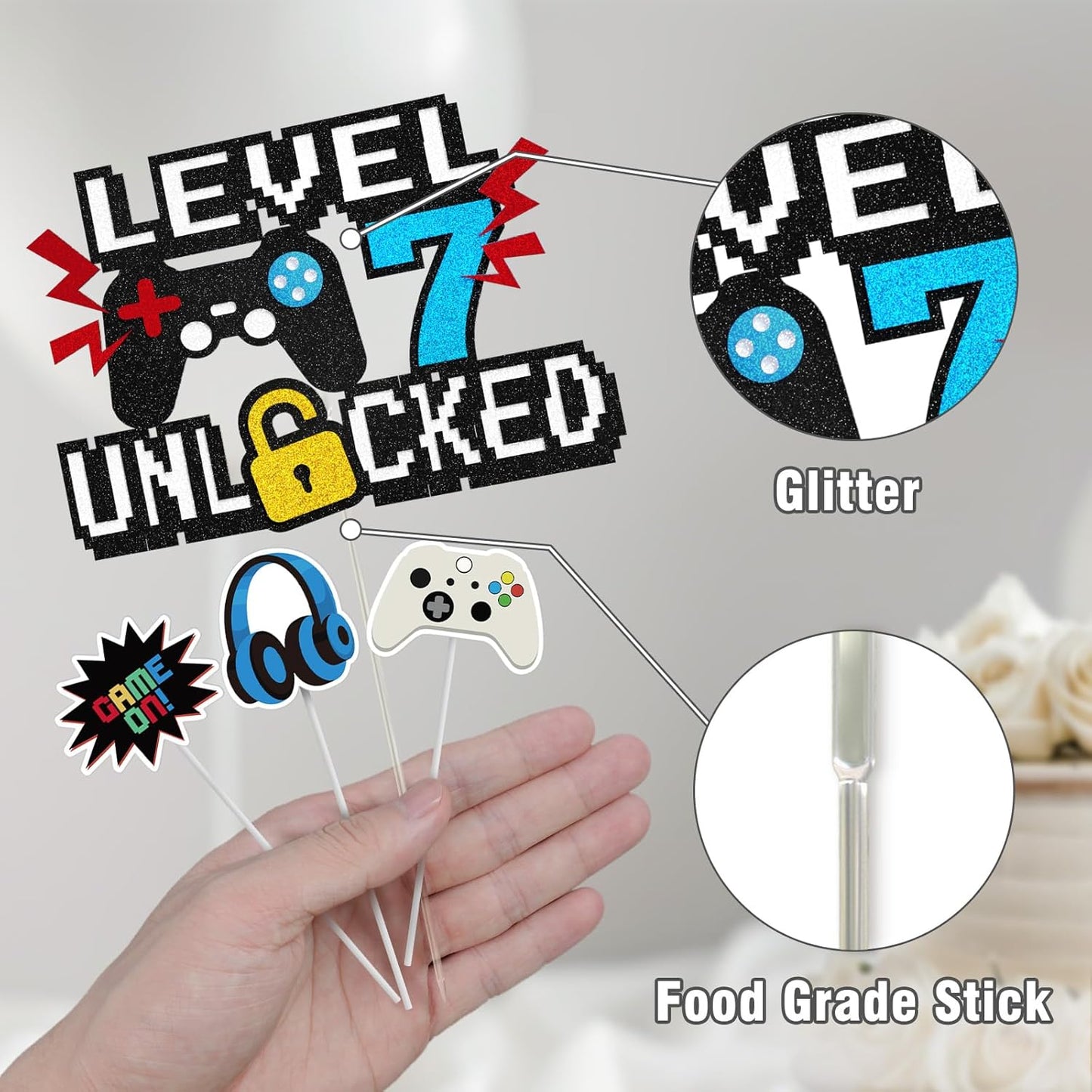Video Game Cake Topper, Level 7 Unlocked Cake Toppers, Happy 7th Birthday Game Party Decorations for Boys Girls, Video Game Controller Themed Birthday Party Supplies for Game Fans, Kids and Men
