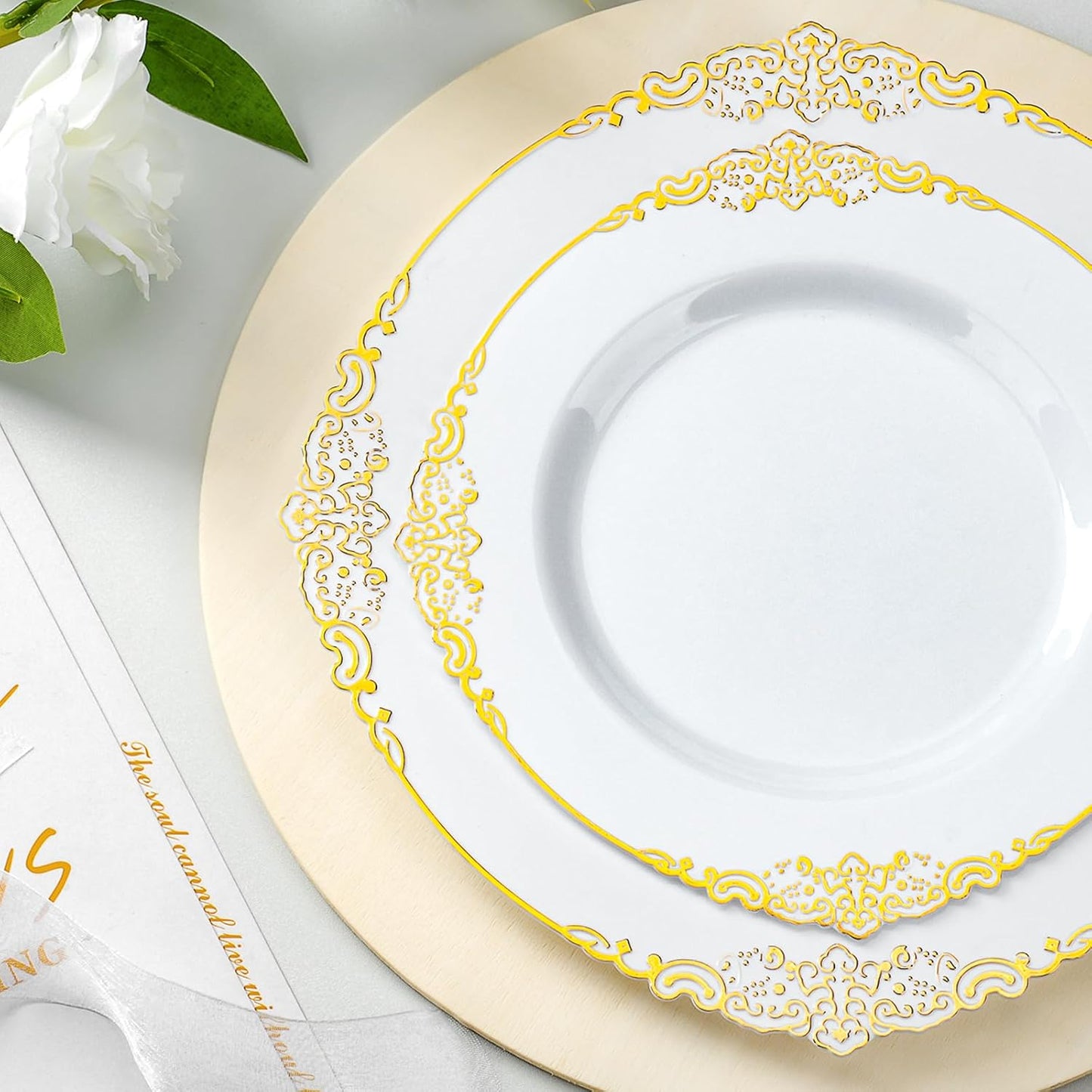 175PCS Gold Plastic Plates for 25 Guests, Disposable Dinnerware Sets Include 50 Gold Rim Plastic Plates, 25 Silverwares, 25 Cups, and 25 Pre Rolled Napkins for Party, Wedding and Graduation