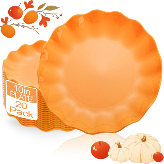 LIYH 20 Pcs 10 Inch Orange Plastic Scalloped Plates Reusable - Unbreakable Dinner Plates-Dishwasher Safe, Perfect for Halloween & Thanksgiving Party BPA Free