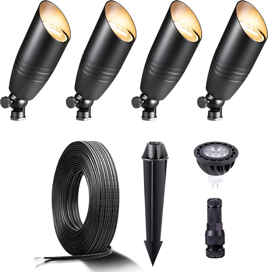 Gardenreet Black Brass Landscape Lighting Kit (4-Pack LED Spotlights) with 100 Feet Cable and 20Pack Wire Connectors for Outdoor House Garden Patio Without Low Voltage Transformer