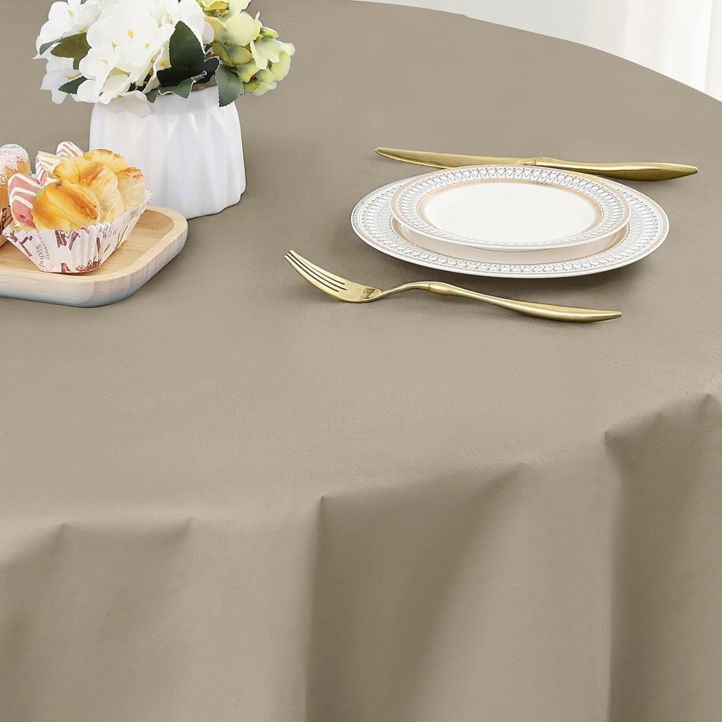 homing Round Vinyl Tablecloth, Waterproof Spillproof Plastic Flannel Backed Table Cloth, Wipe Clean Table Cover for Dining, Buffet Parties and Camping (Taupe, 60")