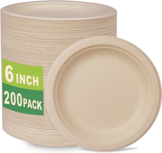 GreenWorks 200 Count 6“ Small Compostable Dessert Plates, Heavy-duty Unbleached Biodegradable Bagasse and Bamboo fiber Paper Plates …