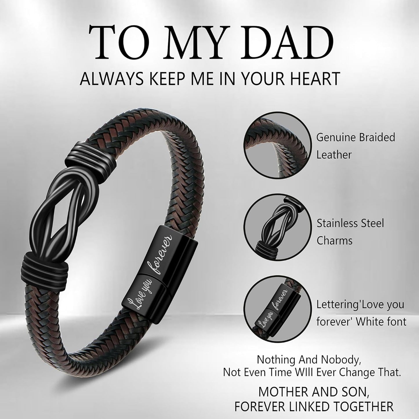 𝗞𝗻𝗼𝘁 𝗕𝗿𝗮𝗰𝗲𝗹𝗲𝘁 𝗚𝗶𝗳𝘁𝘀 𝗳𝗼𝗿 𝗠𝗲𝗻 Brown Braided Leather Stainless Steel Infinity Bracelets Lettering Love You Forever Gifts for Son Grandson Husband Boyfriend Brother Always Linked Together
