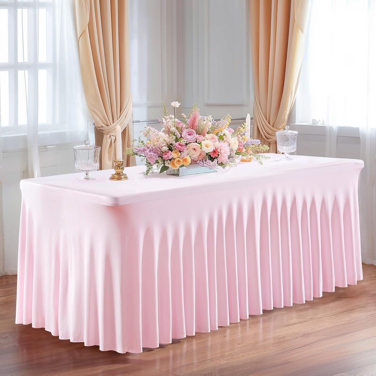PARTISKY Pink Spandex Tablecloth for 4ft Rectangle Tables, Stretchable Table Cover Skirt for Folding Tables Weddings Parties Banquets Events Trade Shows and Dessert Table