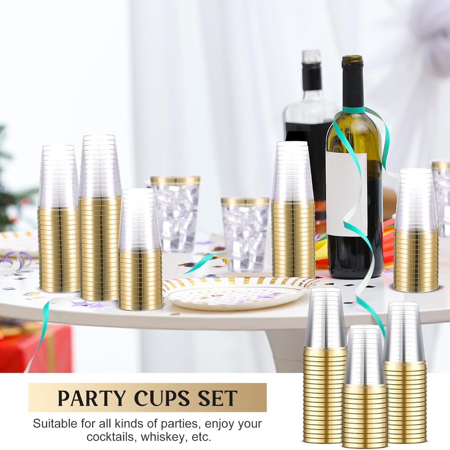 Sliner 50 Pcs Hard Plastic Cups Double Rimmed Plastic Cups Heavy Duty Fancy Disposable Wine Glasses for Holiday Wedding Graduation Birthdays Christmas Valentine Parties(14 Oz,Gold)