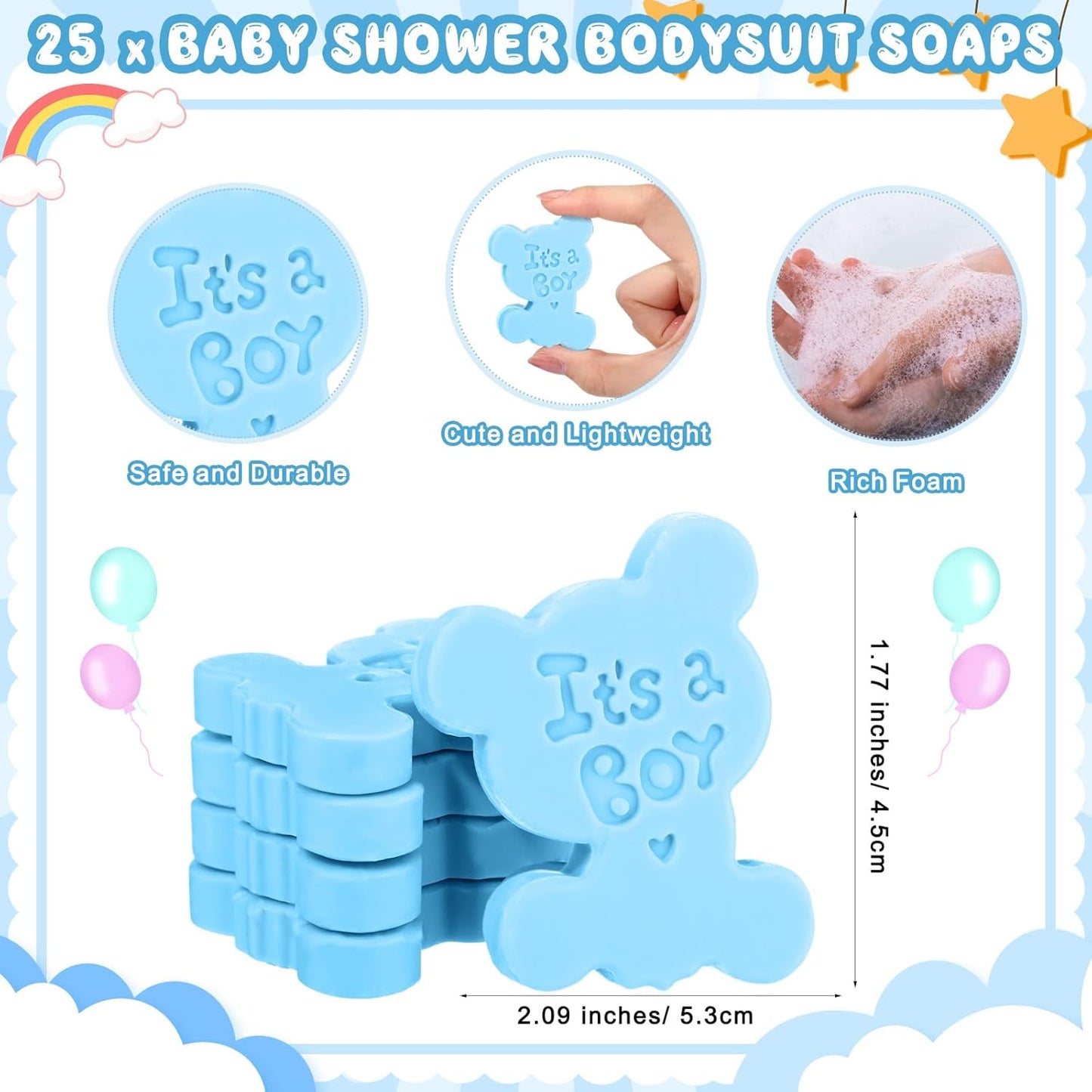 25 Sets Baby Shower Soap Favors for Guests Girl Boy Mini Footprint Handmade Scented Soaps with Thank You Tags and Organza Bags for Shower Gender Reveal Party Favors(Blue,Bear)