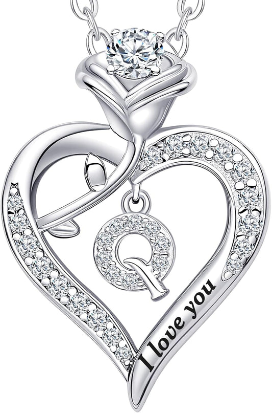 Rose Heart Pendant Necklace Gifts for Wife, Engraved 'I love you' Gift for Wife Girlfriend, Anniversary Birthday Eternity Jewelry Present for Women, Moissanite Necklace Gift for Her